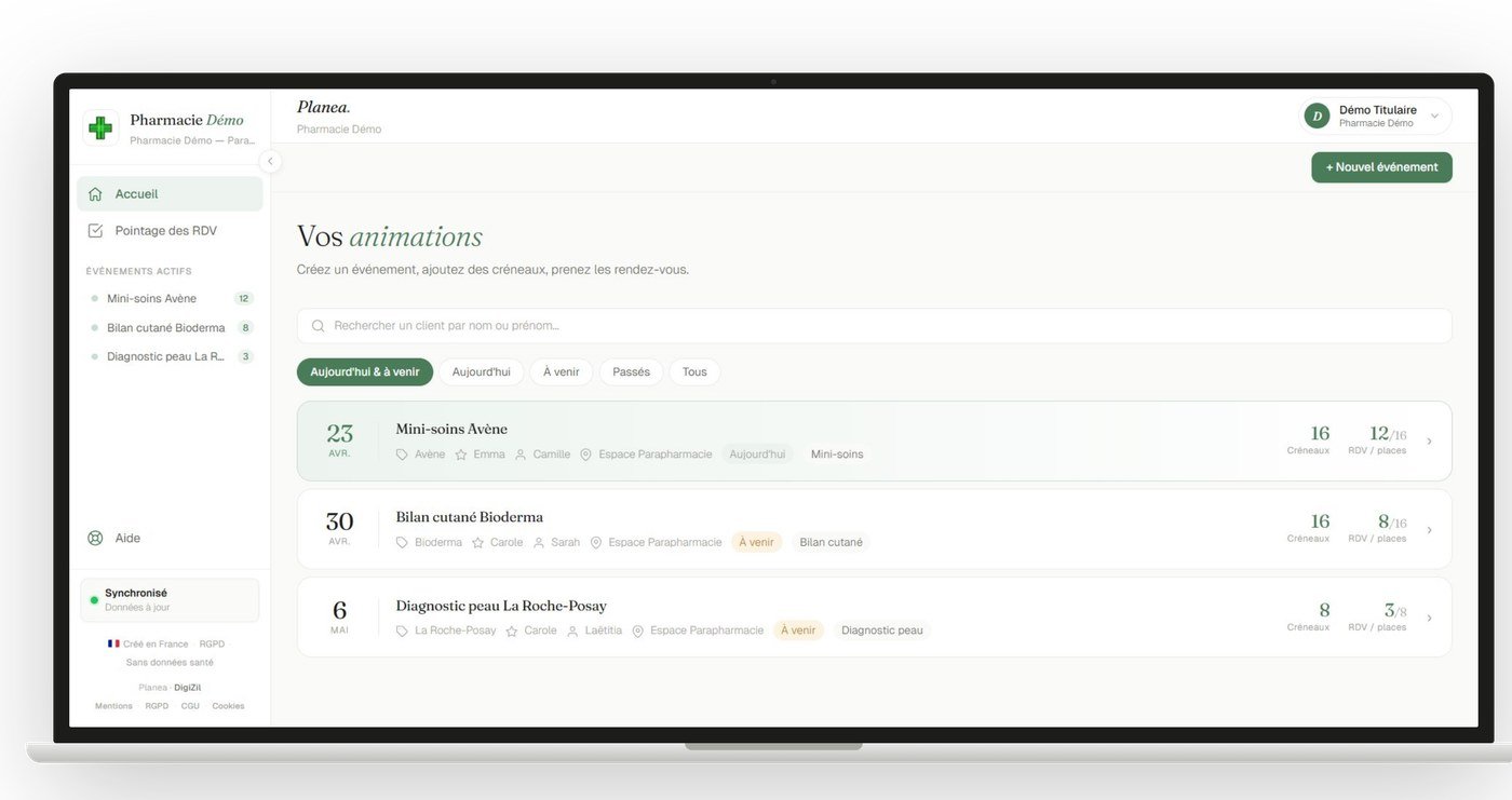 Interface Planea : vue agenda avec les animations en cours