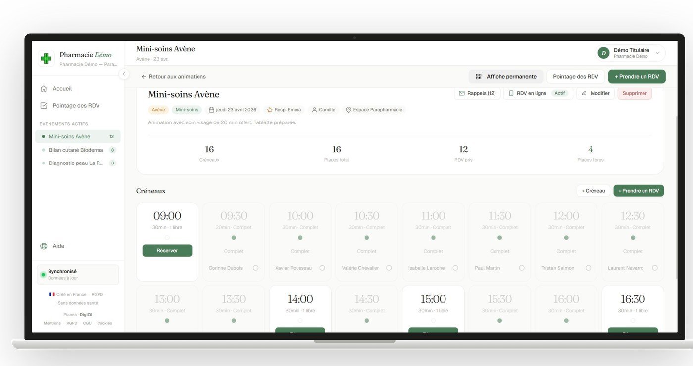 Interface Planea : création et gestion des créneaux
