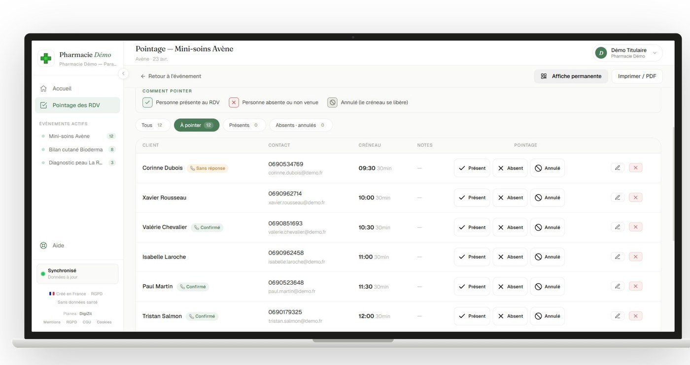 Interface Planea : pointage des présences en temps réel